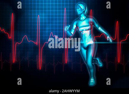 Weibliche ausgeführt und heartbeat Elektrokardiogramm oder EKG Kurve 3D Rendering Illustration. Sport, Gesundheit, Medizin, Gesundheit, Wissenschaft, Wellness, Aufwand c Stockfoto