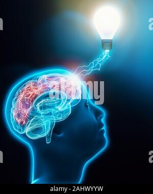 Menschlichen männlichen Profil Leitung, die mit dem Gehirn verbunden, eine Glühbirne mit Blitzen. Aktivität im Gehirn, Intelligenz, Fantasie, Idee, Neurowissenschaften, Stockfoto