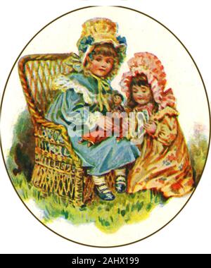 1897 farbige Viktorianischen Abbildung: zwei viktorianischen englischen Mädchen in Motorhauben spielen mit ihren Puppen Stockfoto