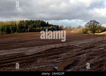 Sonne bricht durch auf gepflügten schlammigen Felder in Herefordshire Stockfoto