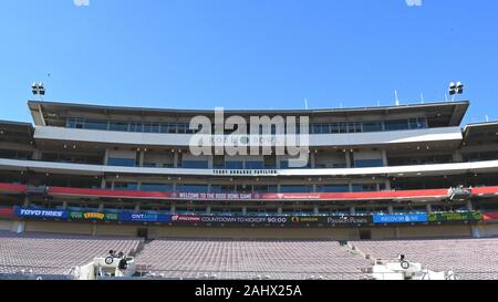 Januar 01, 2020 - Pasadena, CA, USA: ein allgemeines Bild der drücken Sie die Box vor dem Spiel zwischen der Wisconsin Dachse und die Oregon Ducks. Stockfoto