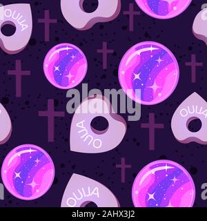 Ouija planchettes und Crystal Ball mit Galaxy Motiv, Violett nahtlose Muster. Sich wiederholende okkulten Hintergrund über gute Energie und der wahrsagerei Stock Vektor