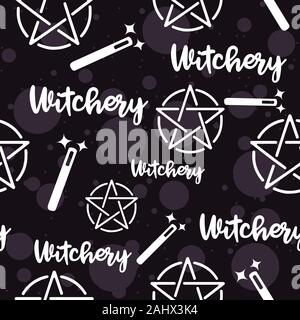 Witchery nahtlose Muster mit Zauberstab und satanischen heidnischen Pentagramm. Stock Vektor