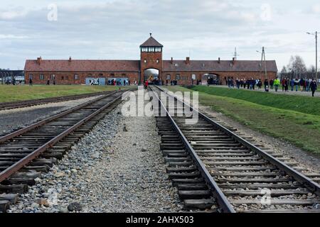 Die Bahn in Auschwitz II-Birkenau Konzentrationslager, Brzezinka, Polen Stockfoto