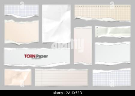 Farbige zerrissenen Papierstreifen Sammlung gefüttert. Realistische Papierstückchen mit Gerissene Kanten. Haftnotizen, Fetzen des Notebook Seiten. Vector Illustration. Stock Vektor