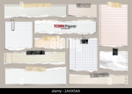 Farbige zerrissenen Papierstreifen Sammlung gefüttert. Realistische Papierstückchen mit Gerissene Kanten. Haftnotizen, Fetzen des Notebook Seiten. Vector Illustration. Stock Vektor