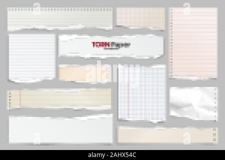 Farbige zerrissenen Papierstreifen Sammlung gefüttert. Realistische Papierstückchen mit Gerissene Kanten. Haftnotizen, Fetzen des Notebook Seiten. Vector Illustration. Stock Vektor