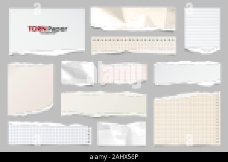 Farbige zerrissenen Papierstreifen Sammlung gefüttert. Realistische Papierstückchen mit Gerissene Kanten. Haftnotizen, Fetzen des Notebook Seiten. Vector Illustration. Stock Vektor