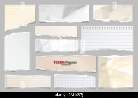 Farbige zerrissenen Papierstreifen Sammlung gefüttert. Realistische Papierstückchen mit Gerissene Kanten. Haftnotizen, Fetzen des Notebook Seiten. Vector Illustration. Stock Vektor