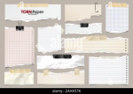 Farbige zerrissenen Papierstreifen Sammlung gefüttert. Realistische Papierstückchen mit Gerissene Kanten. Haftnotizen, Fetzen des Notebook Seiten. Vector Illustration. Stock Vektor