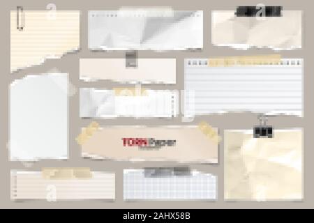 Farbige zerrissenen Papierstreifen Sammlung gefüttert. Realistische Papierstückchen mit Gerissene Kanten. Haftnotizen, Fetzen des Notebook Seiten. Vector Illustration. Stock Vektor