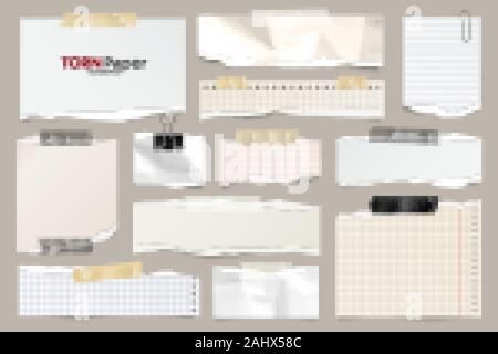 Farbige zerrissenen Papierstreifen Sammlung gefüttert. Realistische Papierstückchen mit Gerissene Kanten. Haftnotizen, Fetzen des Notebook Seiten. Vector Illustration. Stock Vektor