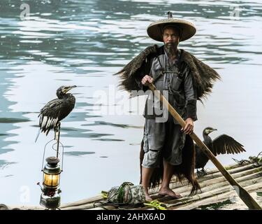 Porträt eines kormoranten Fischers und seiner Vögel, Li River, Xingping, Guilin, China Stockfoto