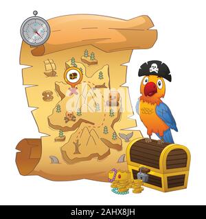 Ein Vektor Illustration der Schatzkarte und Schatztruhe Stock Vektor