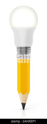 Bleistift mit atached Glühbirne auf weißem Hintergrund. 3D-Darstellung. Stockfoto