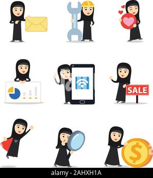 Der Charakter der arabischen Frau mit Hijab und schwarzen Kleid. Stock Vektor