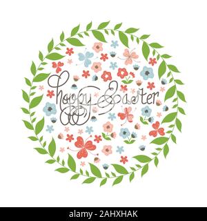 Vektor Frohe Ostern Vorlagen mit Blumen, Blumen und Kränze, Kaninchen und typografische Gestaltung. Vector Illustration Stock Vektor