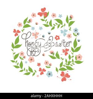 Vektor Frohe Ostern Vorlagen mit Blumen, Blumen und Kränze, Kaninchen und typografische Gestaltung. Vector Illustration Stock Vektor