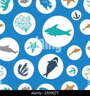 Vektor blaue Kreise mit bunt süß Shark pen Skizze Muster wiederholen. Perfekt für Gewebe, scrapbooking und Wallpaper Projekte. Stock Vektor