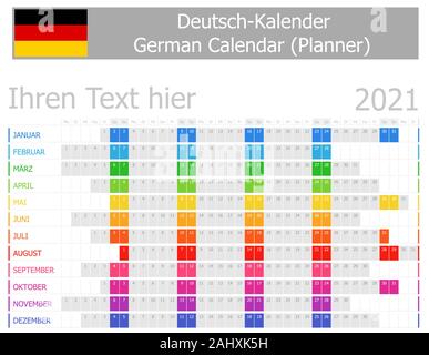 2021 Deutsche Planer Kalender mit horizontalen Monate auf weißem Hintergrund Stock Vektor