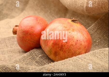 Zwei reife Granatäpfel auf einem Hintergrund aus grobem Homespun Stoff close-up. Fitness Ernährung. Gesunde Ernährung Stockfoto