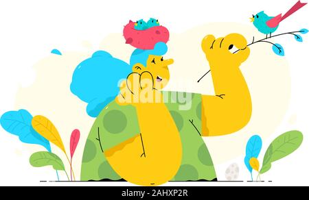 Abbildung: ein Mädchen mit einem Nest von Küken auf dem Kopf. Vektor. Eine Frau hört Vogelgezwitscher. Metapher, die Betreuung von Kindern. Erhaltung der natu Stock Vektor