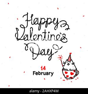 Abbildung: eine Grußkarte mit einer Katze für Valentinstag. Vektor. 14. Februar, dem Tag der Verstorbenen. Niedlich kawaii Kitty in einer Schale, die Wünsche einer Happ Stock Vektor