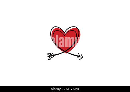 Zwei Cupid s Pfeile in die kontinuierliche Erstellung von Zeilen in der Form eines Herzens, das in einer flachen Stil. Durchgehende schwarze Linie. Flaches Design arbeiten. Symbol der Liebe Stock Vektor