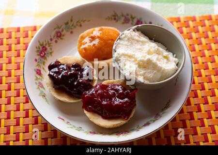 Homestyle Scones mit Marmelade und Clotted Cream in Ferryland Leuchtturm in Neufundland und Labrador, Kanada. Stockfoto