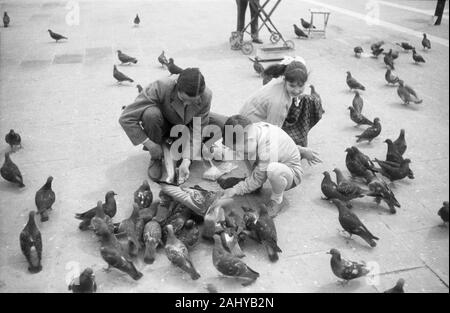 Kinder beim Füttern Tauben auf dem Markusplatz in Venedig, Italien 1954. Kinder füttern Tauben auf dem Markusplatz in Venedig, Italien 1954. Stockfoto