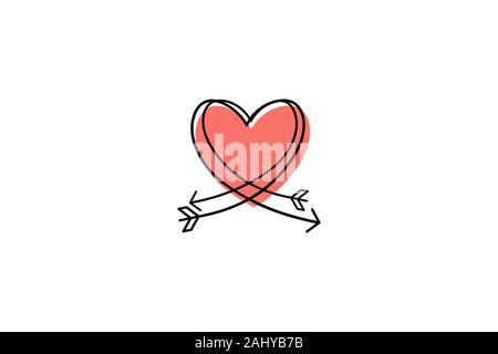 Zwei Cupid s Pfeile in die kontinuierliche Erstellung von Zeilen in der Form eines Herzens, das in einer flachen Stil. Durchgehende schwarze Linie. Flaches Design arbeiten. Symbol der Liebe Stock Vektor