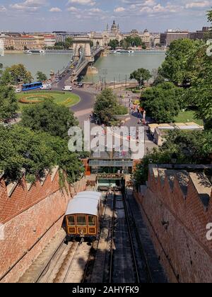 Die Burghügel von Budapest, eine Standseilbahn, die den Adam Clark Platz und die Kettenbrücke auf Flussebene mit der Buda Burg verbindet Stockfoto