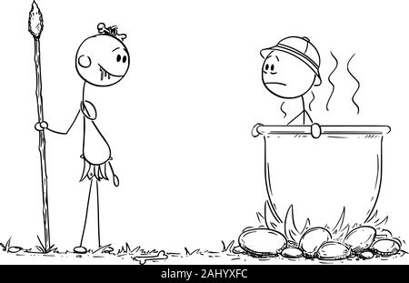 Vektor cartoon Strichmännchen Zeichnen konzeptionelle Darstellung der einheimischen Kannibalen Mann salivating, während europäische oder westliche Reisende in den großen Kessel auf den Kamin gekocht. Stock Vektor