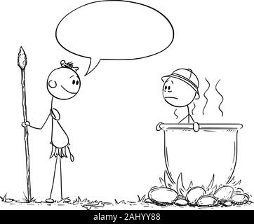 Vektor cartoon Strichmännchen Zeichnen konzeptionelle Darstellung der einheimischen Kannibalen Mann etwas sagen, während auf der Europäischen oder westlichen Reisenden in den großen Kessel auf den Kamin gekocht. Stock Vektor