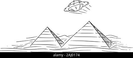 Vektor cartoon Zeichnung oder Abbildung: UFO oder unbekanntes Flugobjekt oder Alien oder außerirdisches Raumschiff über ägyptische Pyramiden fliegen. Stock Vektor