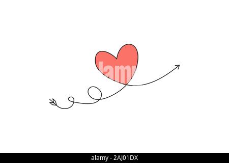 Cupid s Pfeil in die kontinuierliche Erstellung von Zeilen in der Form eines Herzens und der text Liebe in einer flachen Stil. Durchgehende schwarze Linie. Flaches Design Arbeiten Stock Vektor