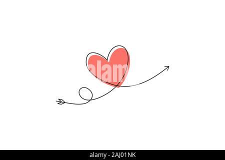 Cupid s Pfeil in die kontinuierliche Erstellung von Zeilen in der Form eines Herzens und der text Liebe in einer flachen Stil. Durchgehende schwarze Linie. Flaches Design Arbeiten Stock Vektor