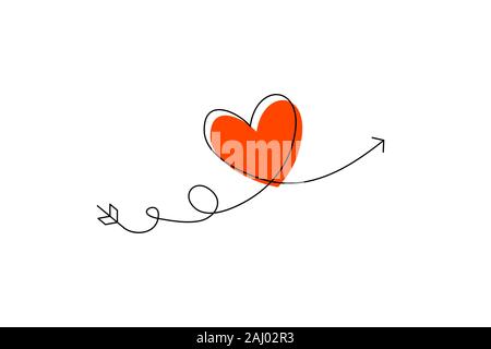 Cupid s Pfeil in die kontinuierliche Erstellung von Zeilen in der Form eines Herzens und der text Liebe in einer flachen Stil. Durchgehende schwarze Linie. Flaches Design Arbeiten Stock Vektor