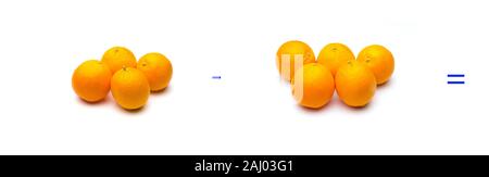 Mathematik für Kinder oder Leute, die lernen Mathematik sind; einfache mathematische Probleme mit Früchten und Orangen, einfache Subtraktionen Stockfoto