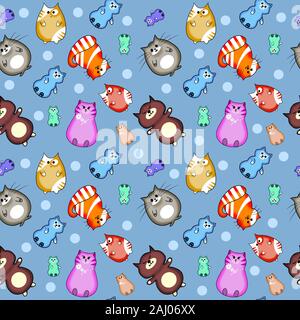 Nahtlose lustige Muster mit Hawaii Katzen auf einem blauen Hintergrund. Stockfoto