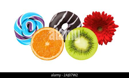 Süße Krapfen, Süßigkeiten, Früchte in verschiedenen Farben. Lecker Kiwi, Orange, Essen. Bunte sport Thema Collage auf weiße studio Hintergrund isoliert, Flyer. Copyspace für Ihre Text-, Bild- oder Werbung. Stockfoto