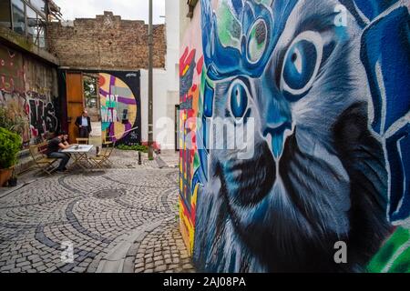 Fassade eines Hauses mit graffity einer Katze portrait aufgesprüht, zwei Menschen in der Ferne im Stadtteil Karaköy Stockfoto