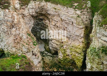 Erodierte Meereshöhlen bei North Landing in Flamborough Head, Humberside, von der Klippe aus gesehen. Stockfoto