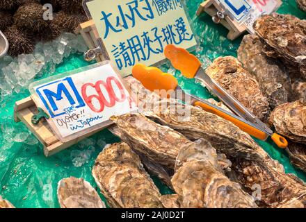 Osaka, JAPAN - 25. November 2017 - Frische Austern auf Dem Kuromon Ichiba Markt in Osaka, Japan Stockfoto