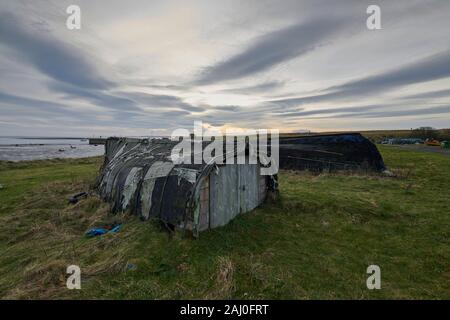 Alte Hering Boote umgedrehten und für die Speicherung auf Lindisfarne oder Heilige Insel auf der Northumbrian Küste von North Eastern England, UK, GB verwendet. Stockfoto