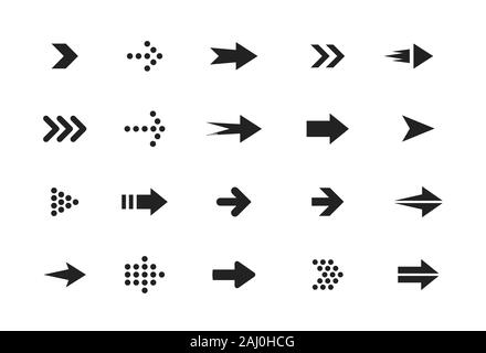 Pfeile schwarz und weiß Vector Icons einstellen. Zeiger im Kreis und Rechteck isoliert Symbole pack. Weiter, Weiter, Zurück" monochrome Zeichen Stock Vektor