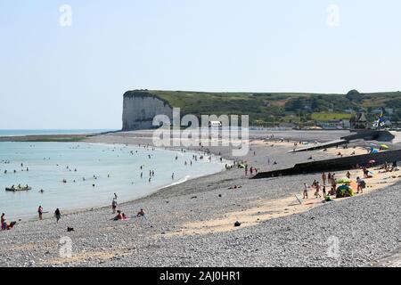 Veulettes-sur-Mer (Normandie, Frankreich), kleines Resort entlang der "Cote d'Albatre" Küstenregion. Der Strand Stockfoto