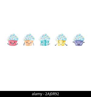 Bunte kleine Kuchen mit Schlagsahne mit verschiedenen Emotionen isoliert auf weißem Stock Vektor