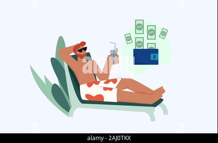 Entspannt männliche liegen auf Liegestuhl mit Saft geniessen passives Einkommen Vektor flachbild Abbildung Stock Vektor