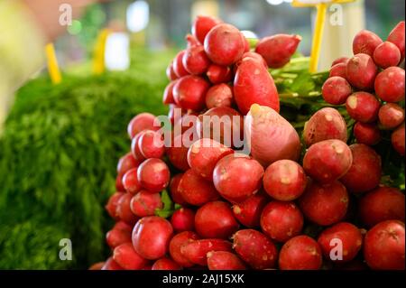 Frischen süßen Bio rote Radieschen Wurzeln zum Verkauf am Sonntag Bauernmarkt auf Teneriffa, Kanarische Inseln, Spanien, in der Nähe von Stockfoto